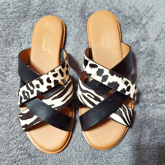 NWOT Aerosoles Leather Sandals, Black & White Haircalf Zebra & Leopard Strap 7.5 - Picture 1 of 1